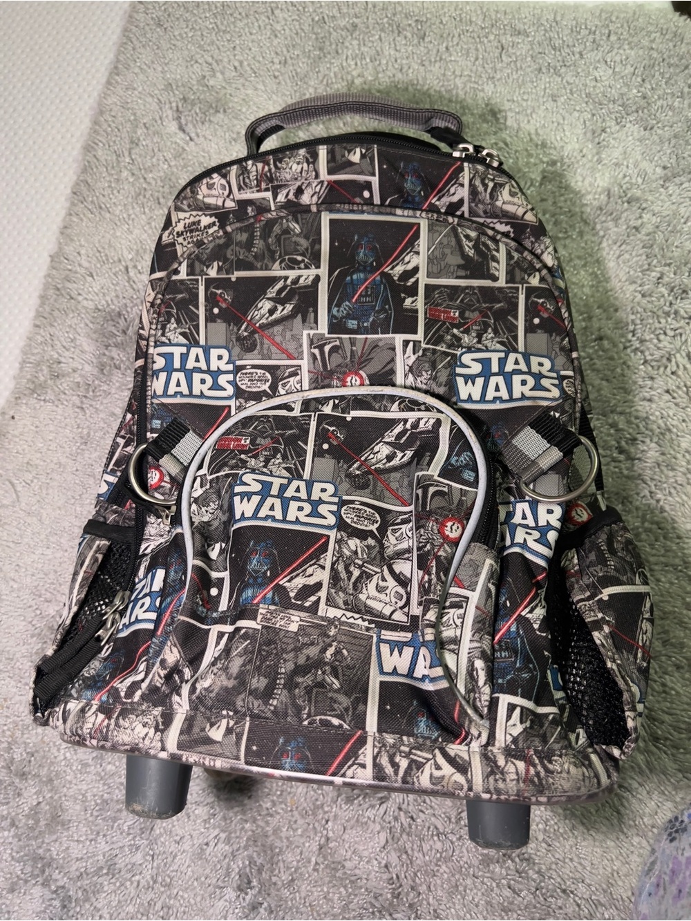 Pottery Barn Star Wars Black and Gray Comic Graphic Rolling Backpack 3 Pockets